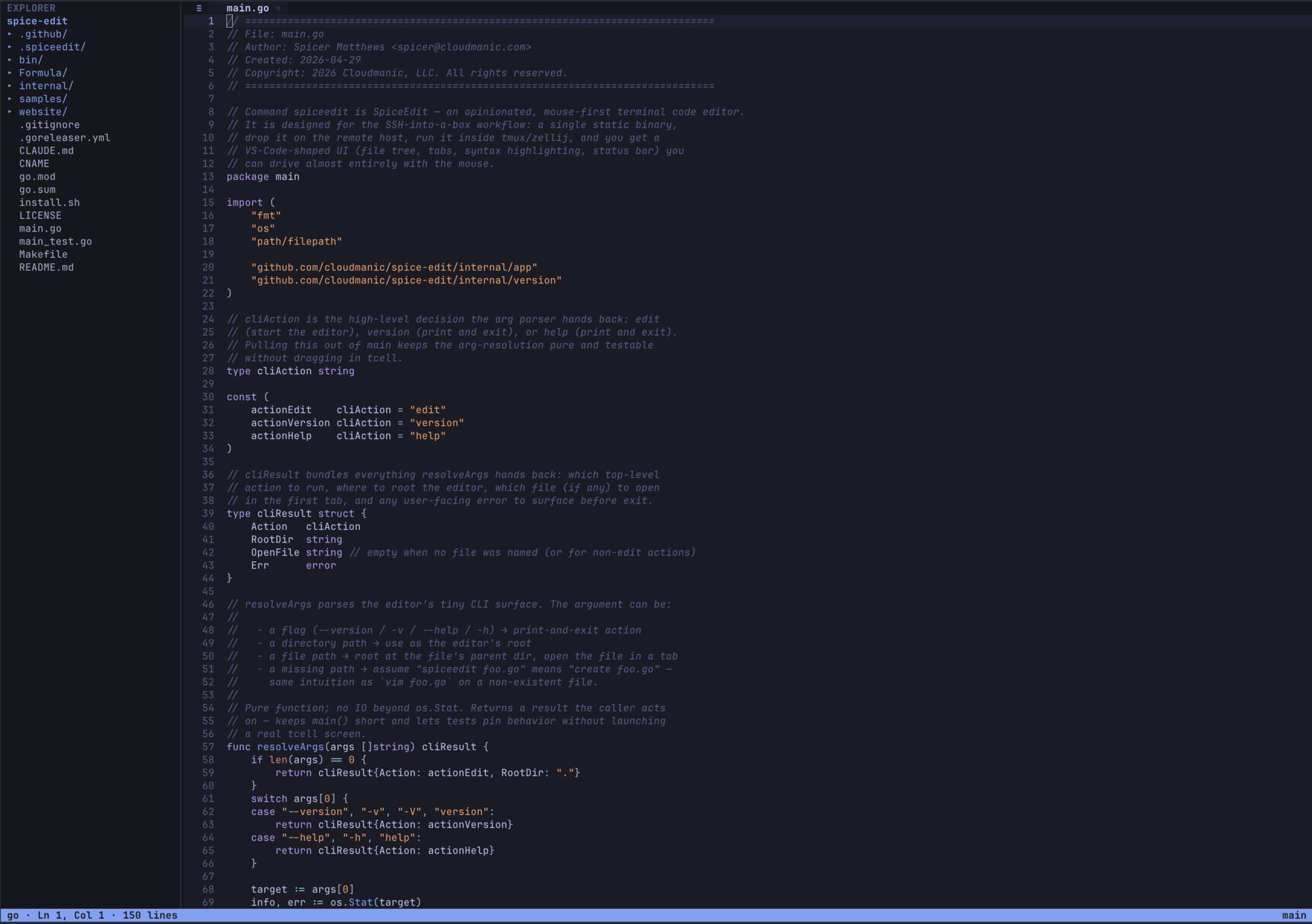 main.go open in the editor with Tokyo Night syntax highlighting after clicking it in the sidebar.