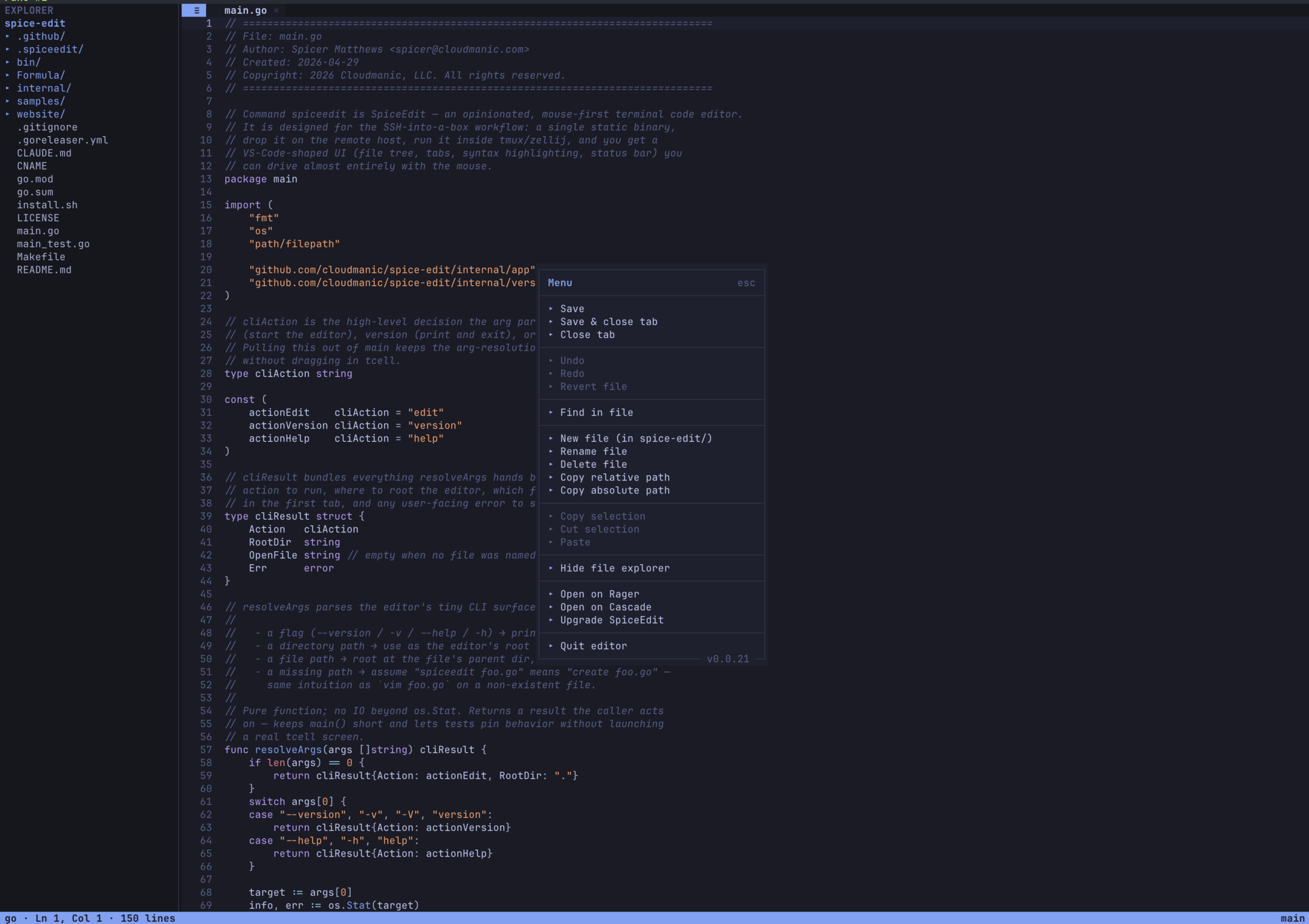 Action menu modal expanded over the editor — Save, Close tab, Find file, Open on Repo, Quit editor, and other actions visible.