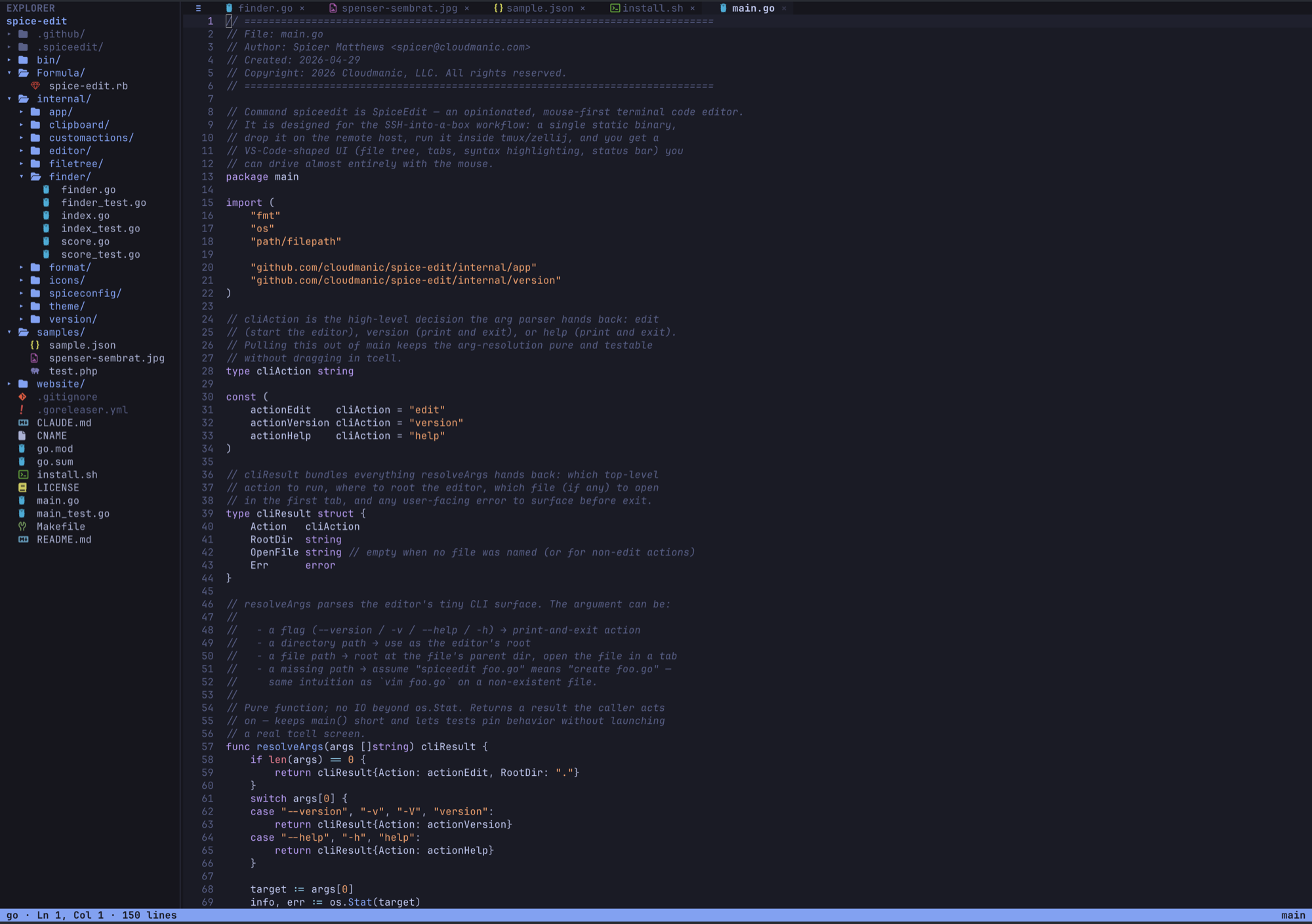 SpiceEdit running on its own source tree — sidebar with the project file list, a tab strip, and find.go open in the editor with Tokyo Night syntax highlighting.