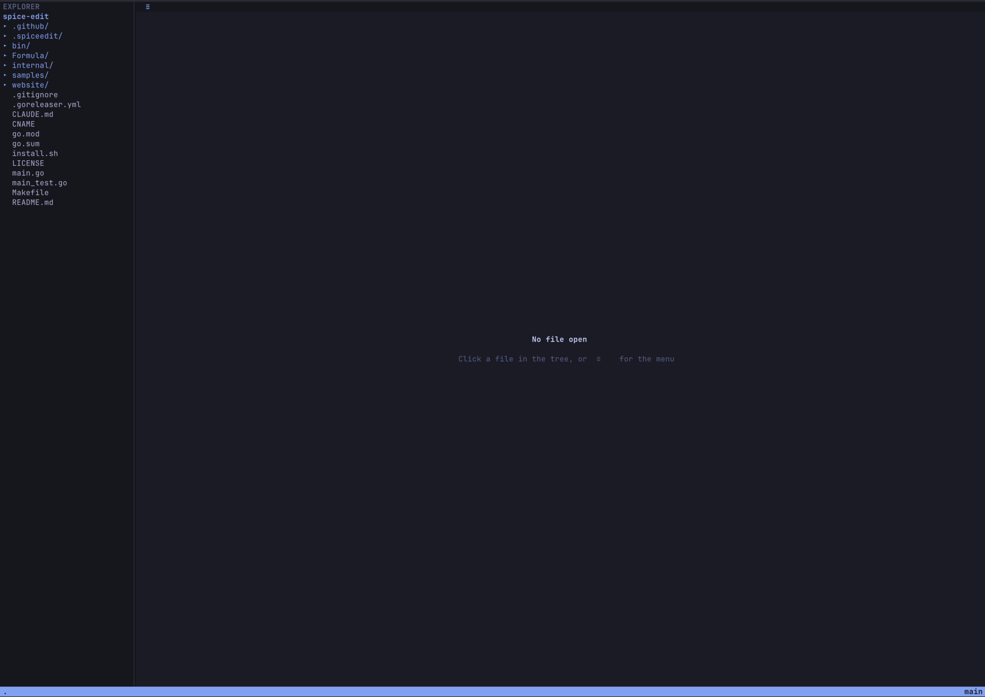SpiceEdit just after opening the spice-edit project — sidebar shows the file tree, the editor area shows 'No file open' with a hint to click a file or press the menu icon.