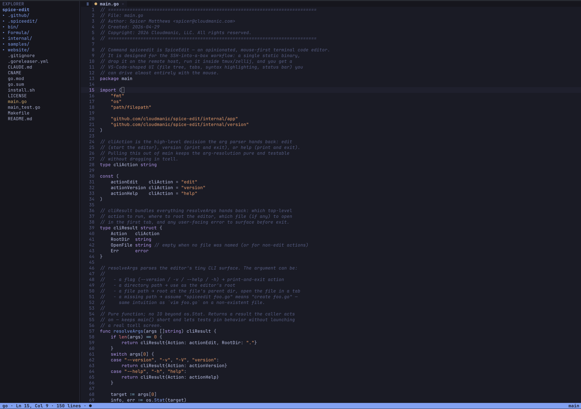 Editor with a line selected mid-edit, status bar at the bottom showing the cursor position and dirty marker.